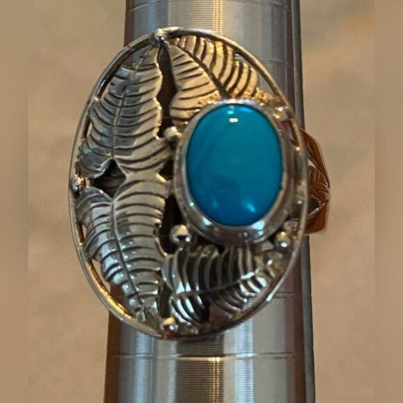 Sterling Silver Turquoise Oval Cabochon Feather Statement Ring 925 Southwest 8 - Picture 1 of 5